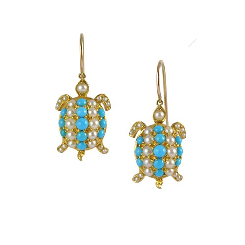 Pair of 19th century gold, turquoise and pearl tortoise earrings, c.1890,